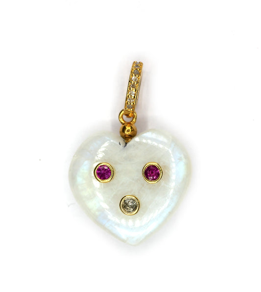 Rainbow Moonstone Heart Shape Pave Diamond Pendant
