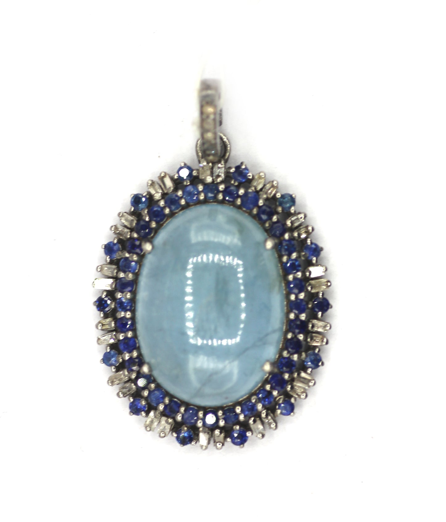 Aquamarine Silver Diamond Pendant With Blue Sapphire Stone