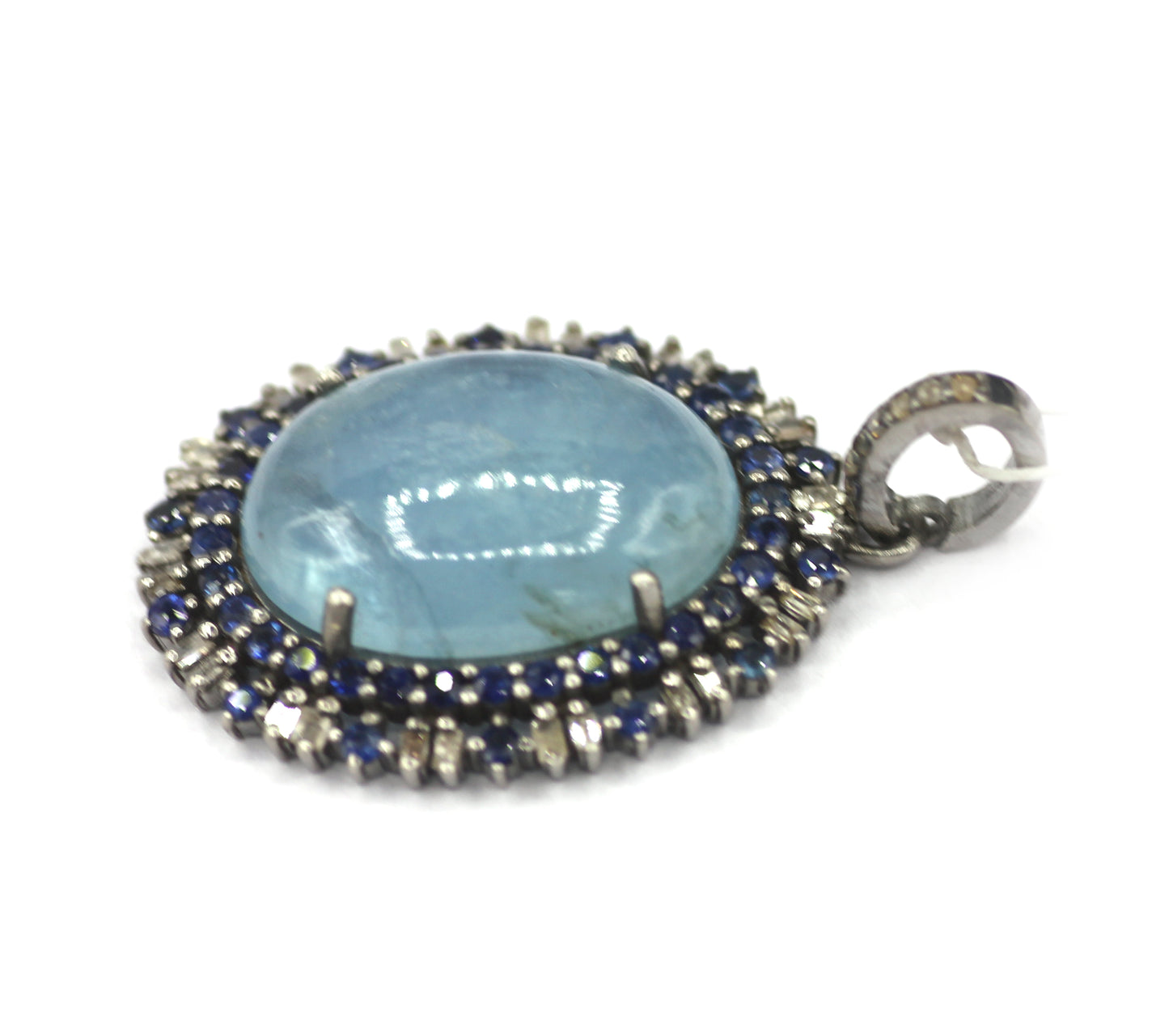Aquamarine Silver Diamond Pendant With Blue Sapphire Stone