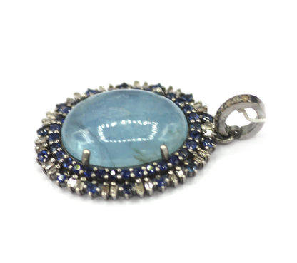 Aquamarine Silver Diamond Pendant With Blue Sapphire Stone
