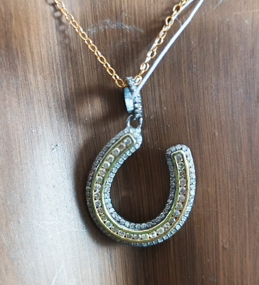 Horse Shoe shaped sterling silver pendant with Diamond Two Tone Black & Yellow Pendant