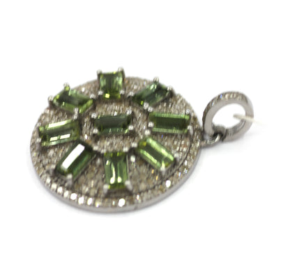 Green Tourmaline Silver Diamond Pendant
