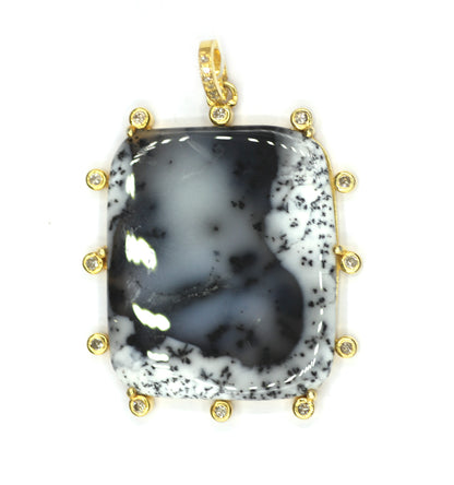 Rectangle 925 Silver Pave Diamond Pendant With Dendrite opal Stone