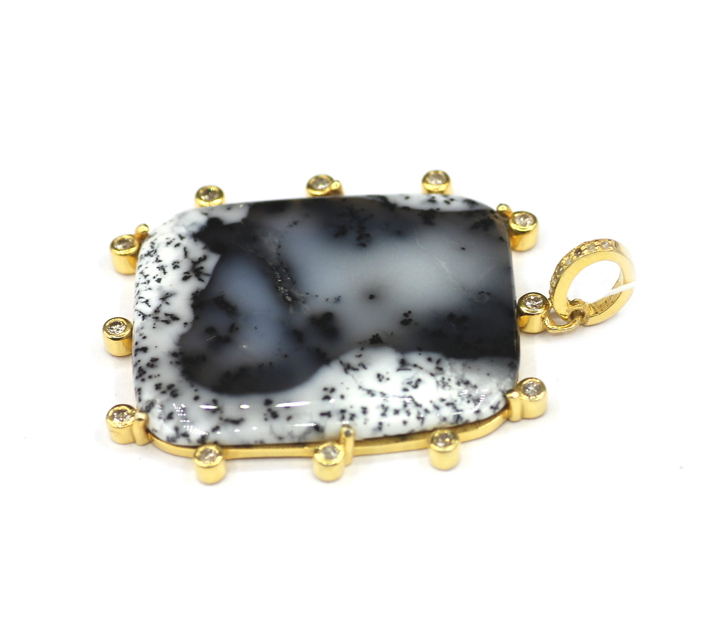 Rectangle 925 Silver Pave Diamond Pendant With Dendrite opal Stone