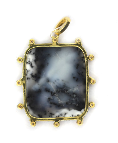 Rectangle 925 Silver Pave Diamond Pendant With Dendrite opal Stone
