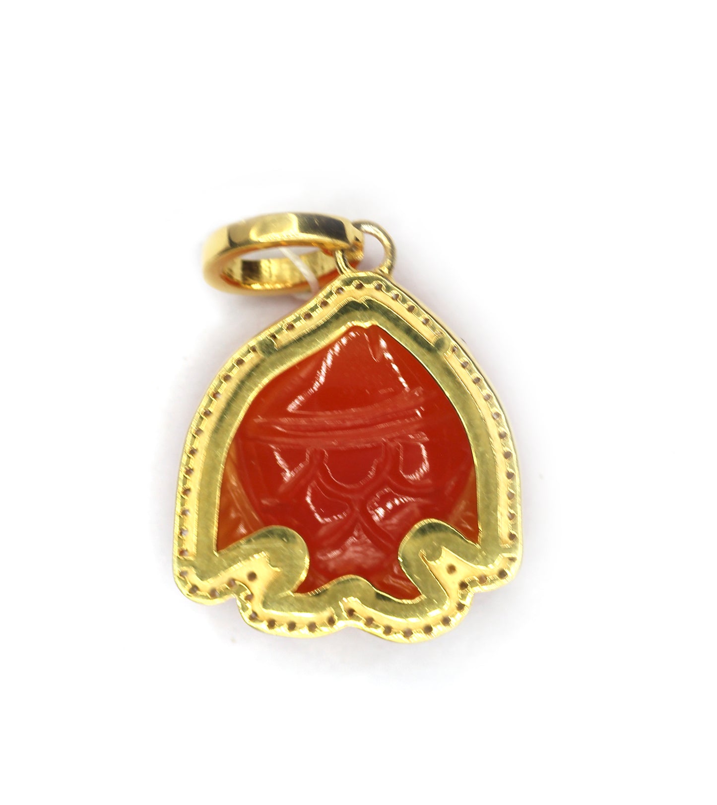 Fish-shaped sterling silver pendant with Orange jade centerpiece and diamond border