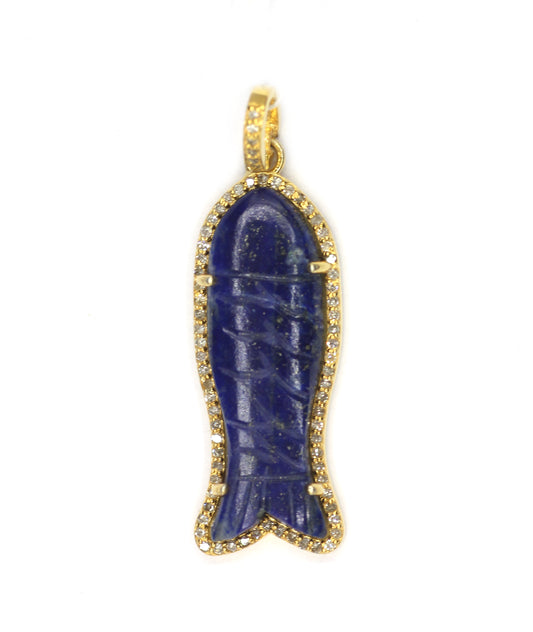 Fish-shaped sterling silver pendant with lapis lazuli centerpiece and pavé diamond border.