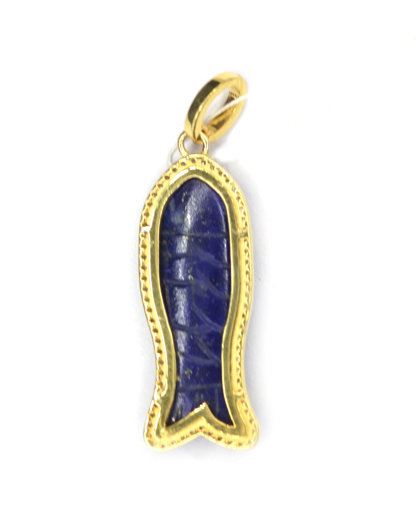 Fish-shaped sterling silver pendant with lapis lazuli centerpiece and pavé diamond border