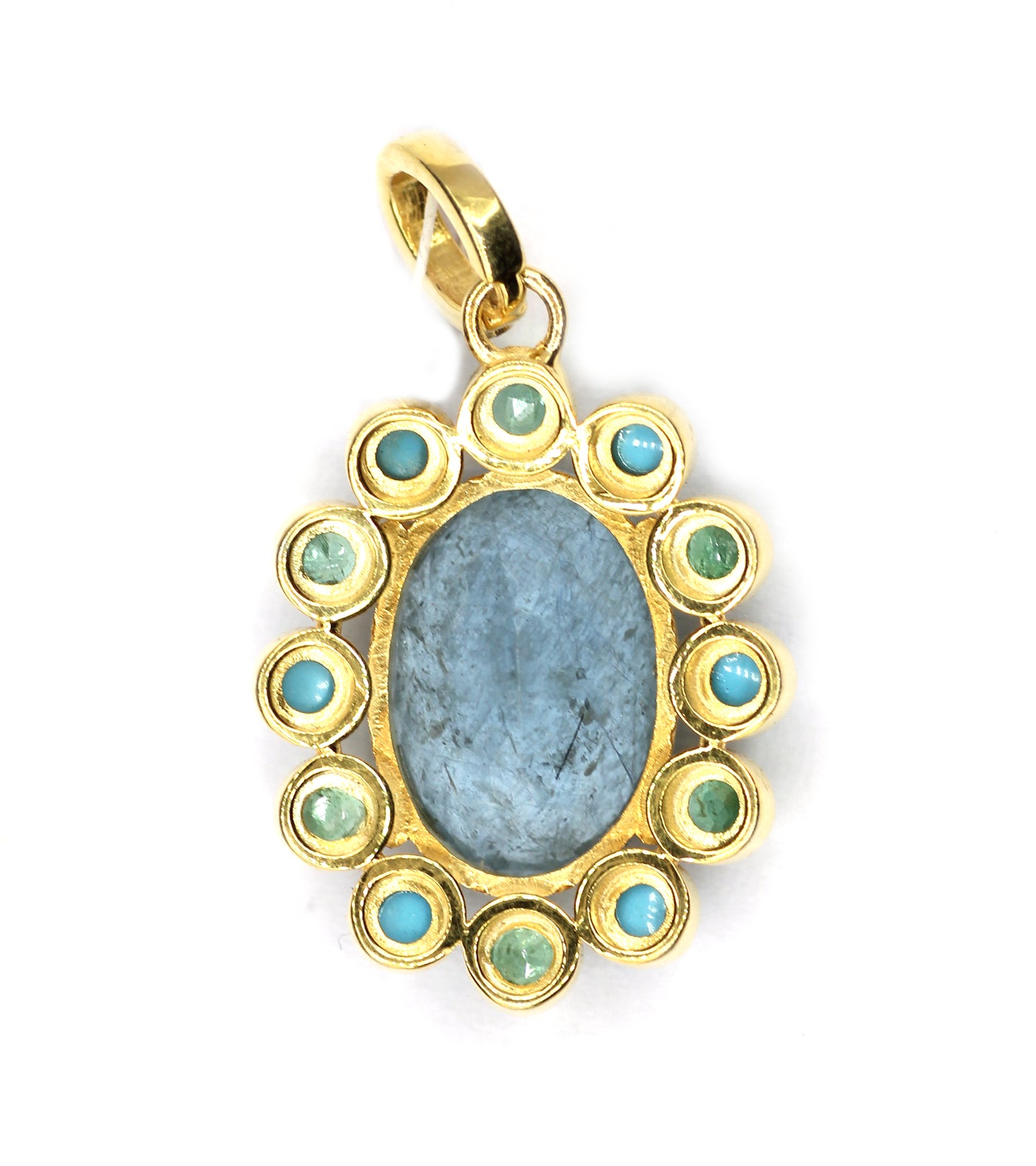 Oval Aquamarine stone pendant in 925 silver with pave diamonds, turquoise and emerald accents, 25x20 mm.