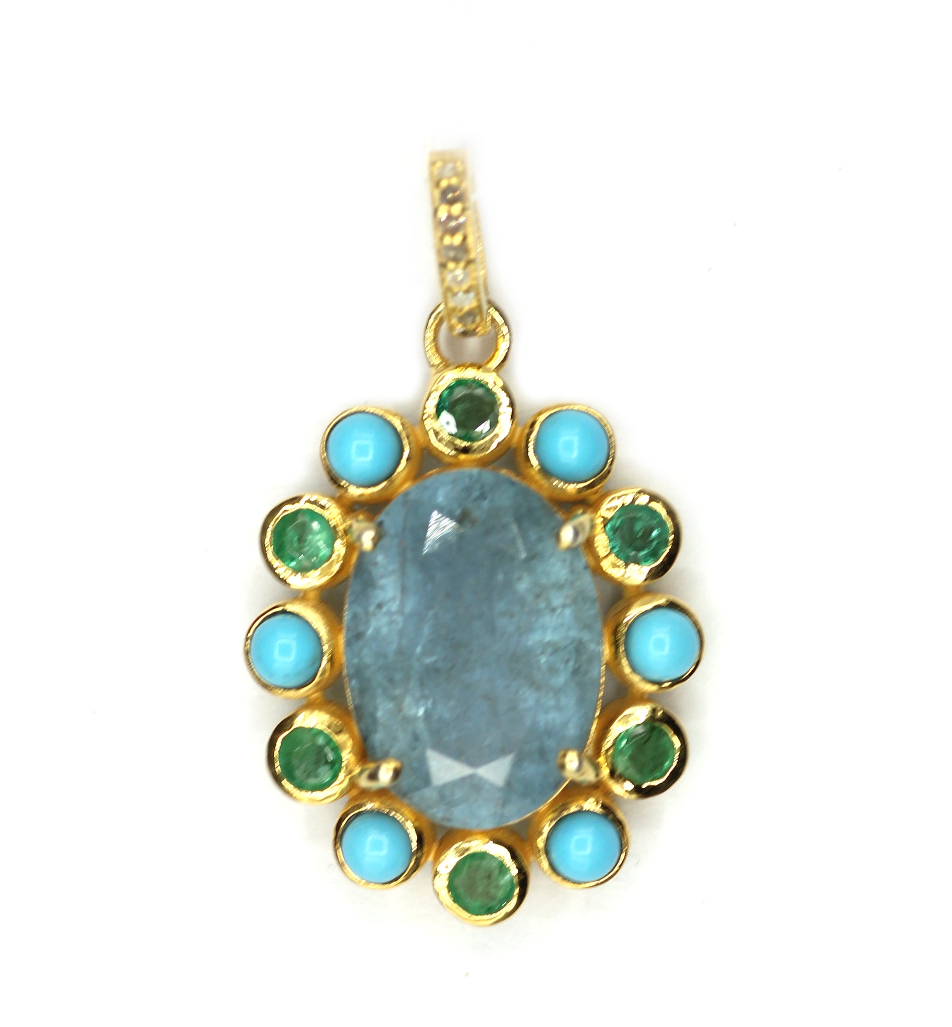 Oval aqua stone pendant in 925 silver with pave diamonds, turquoise and emerald accents, 25x20 mm.