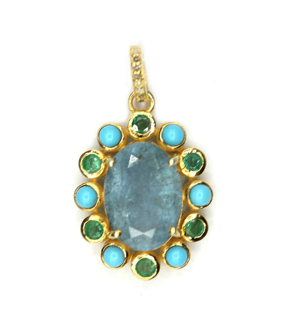 Oval aqua stone pendant in 925 silver with pave diamonds, turquoise and emerald accents, 25x20 mm.