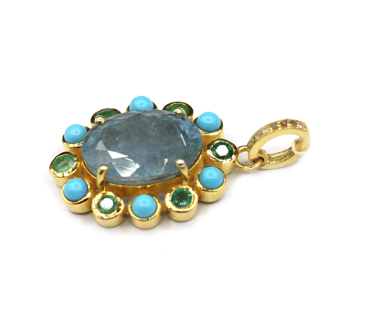 Oval Aquamarine stone pendant in 925 silver with pave diamonds, turquoise and emerald accents, 25x20 mm.