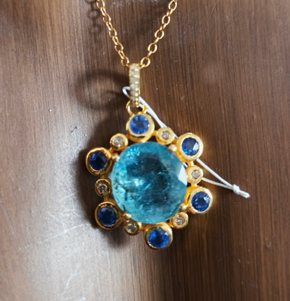 Oval 925 Silver Pave Diamond Pendant With Aqua Stone