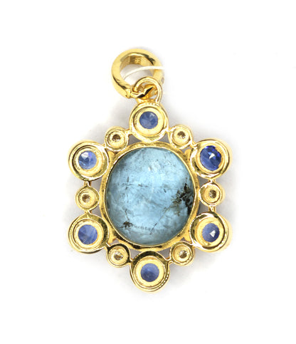 Oval 925 Silver Pave Diamond Pendant With Aqua Stone