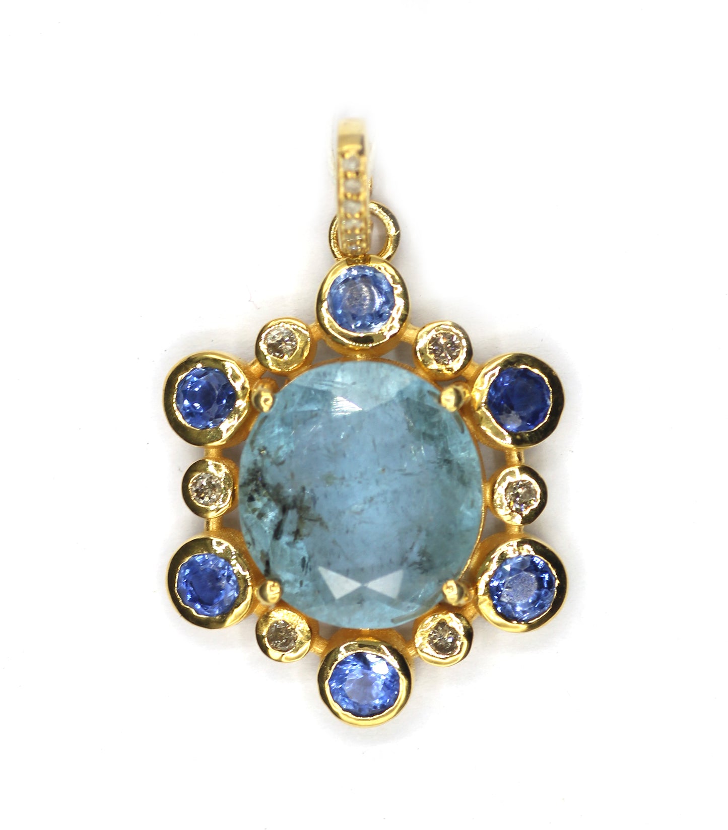 Oval 925 Silver Pave Diamond Pendant With Aqua Stone