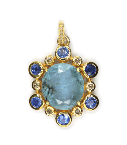 Oval 925 Silver Pave Diamond Pendant With Aqua Stone