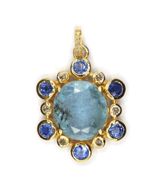 Oval 925 Silver Pave Diamond Pendant With Aqua Stone