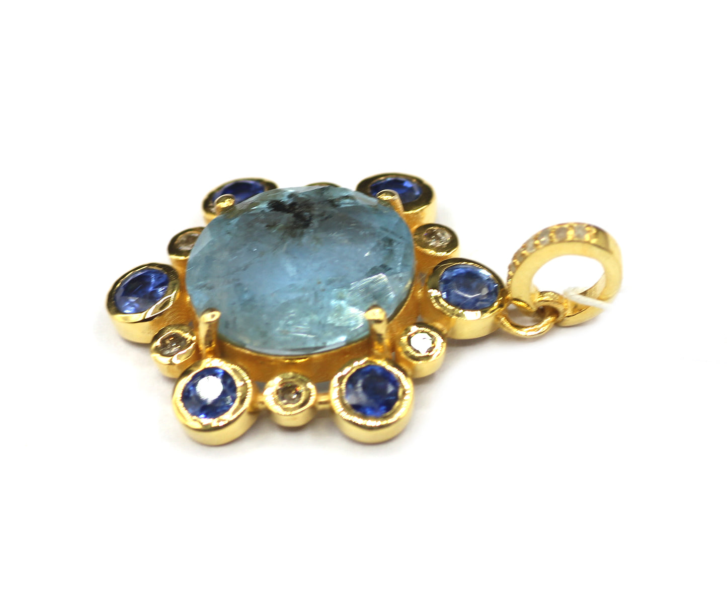 Oval 925 Silver Pave Diamond Pendant With Aqua Stone