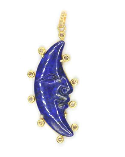 Gold Moon-shaped Lapis lazuli pendant with diamond