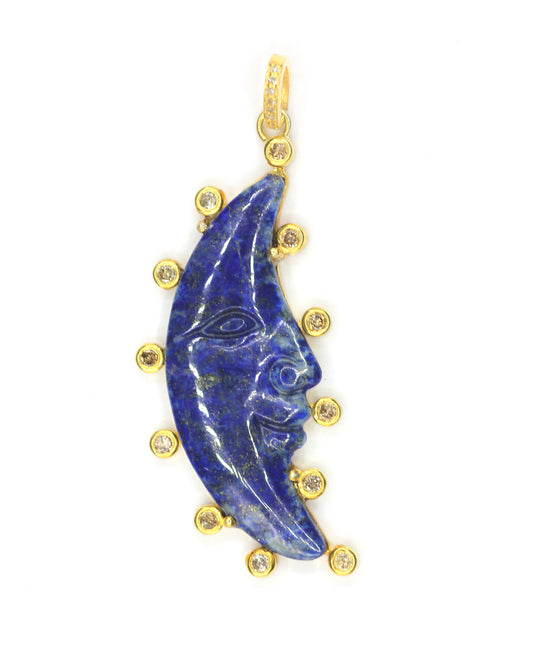 Gold Moon-shaped Lapis lazuli pendant with diamond