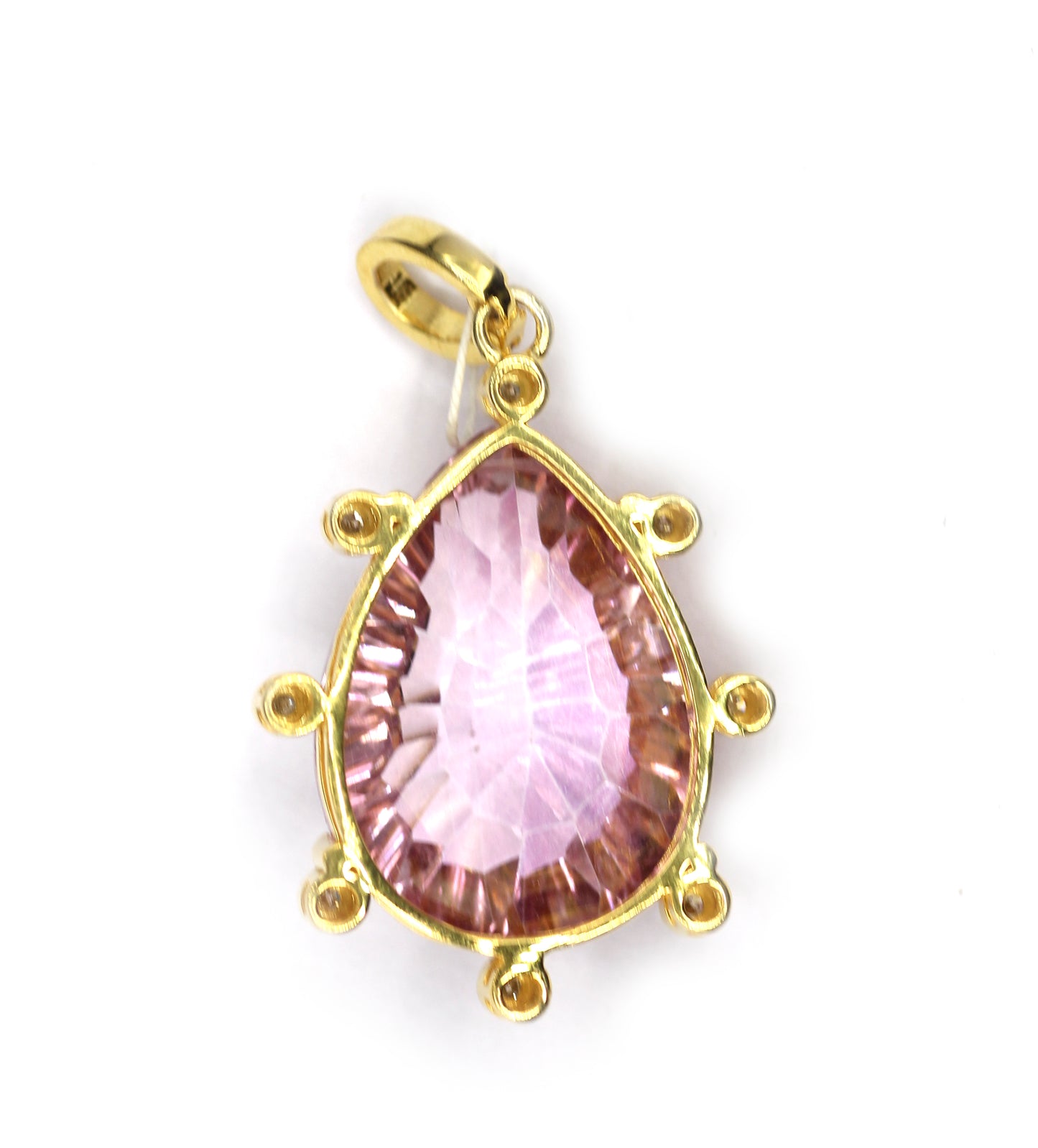 Gold pear-shaped mystic pink topaz pendant with diamond