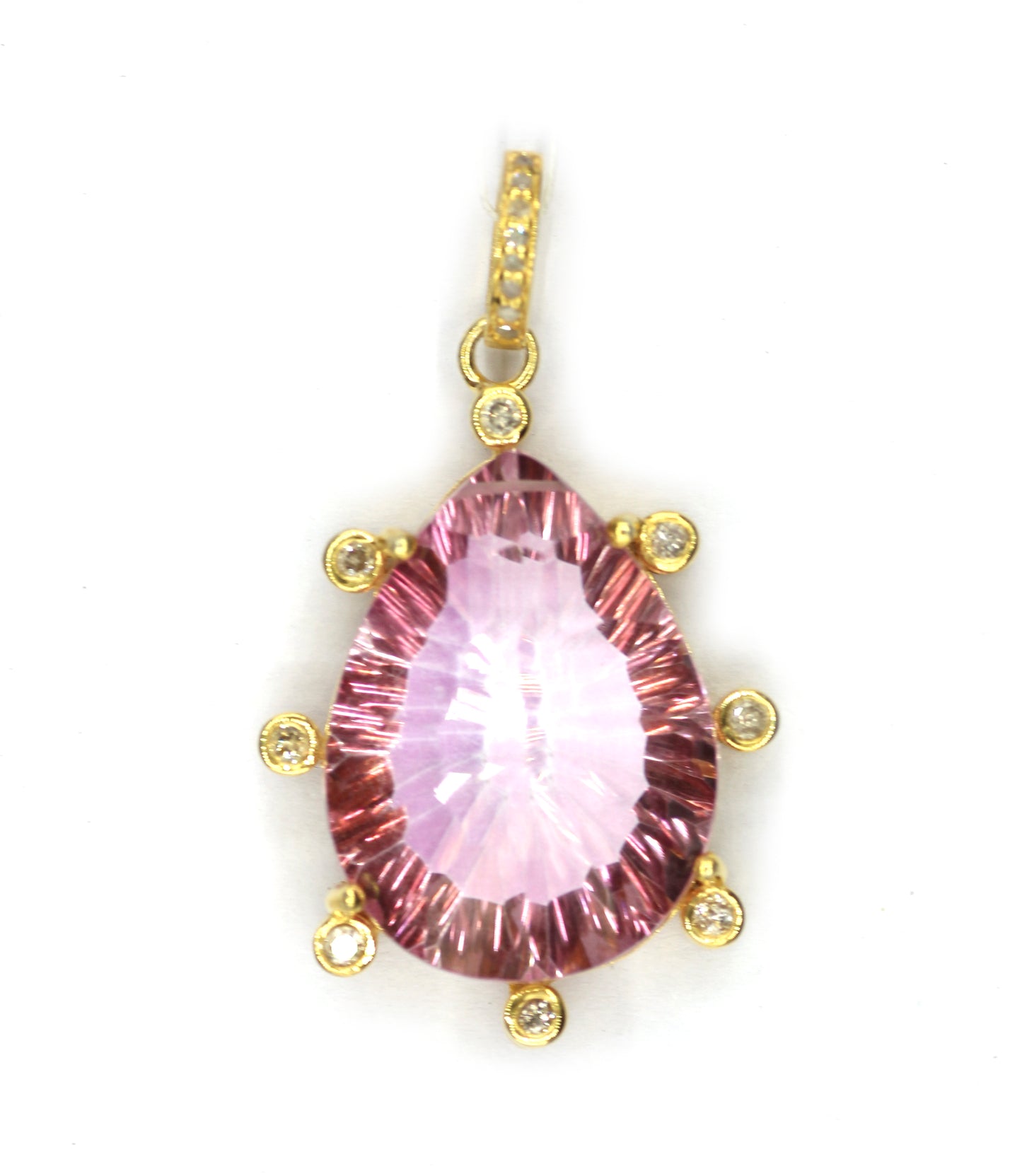 Gold pear-shaped mystic pink topaz pendant with diamond pavé halo and bail