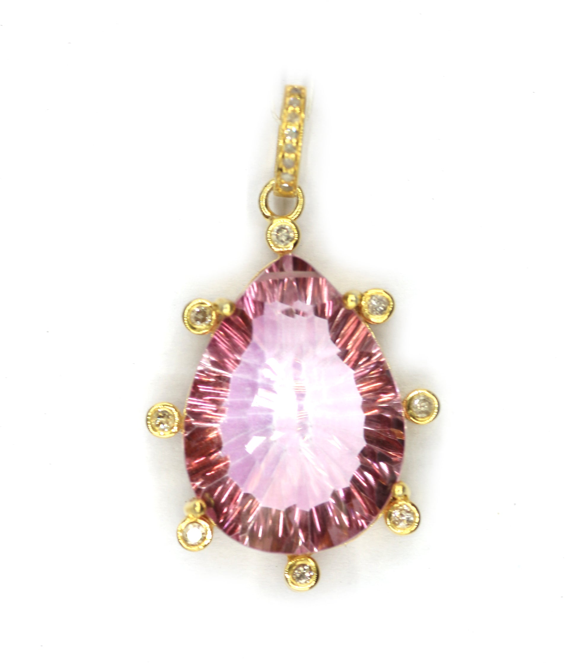 Gold pear-shaped mystic pink topaz pendant with diamond pavé halo and bail