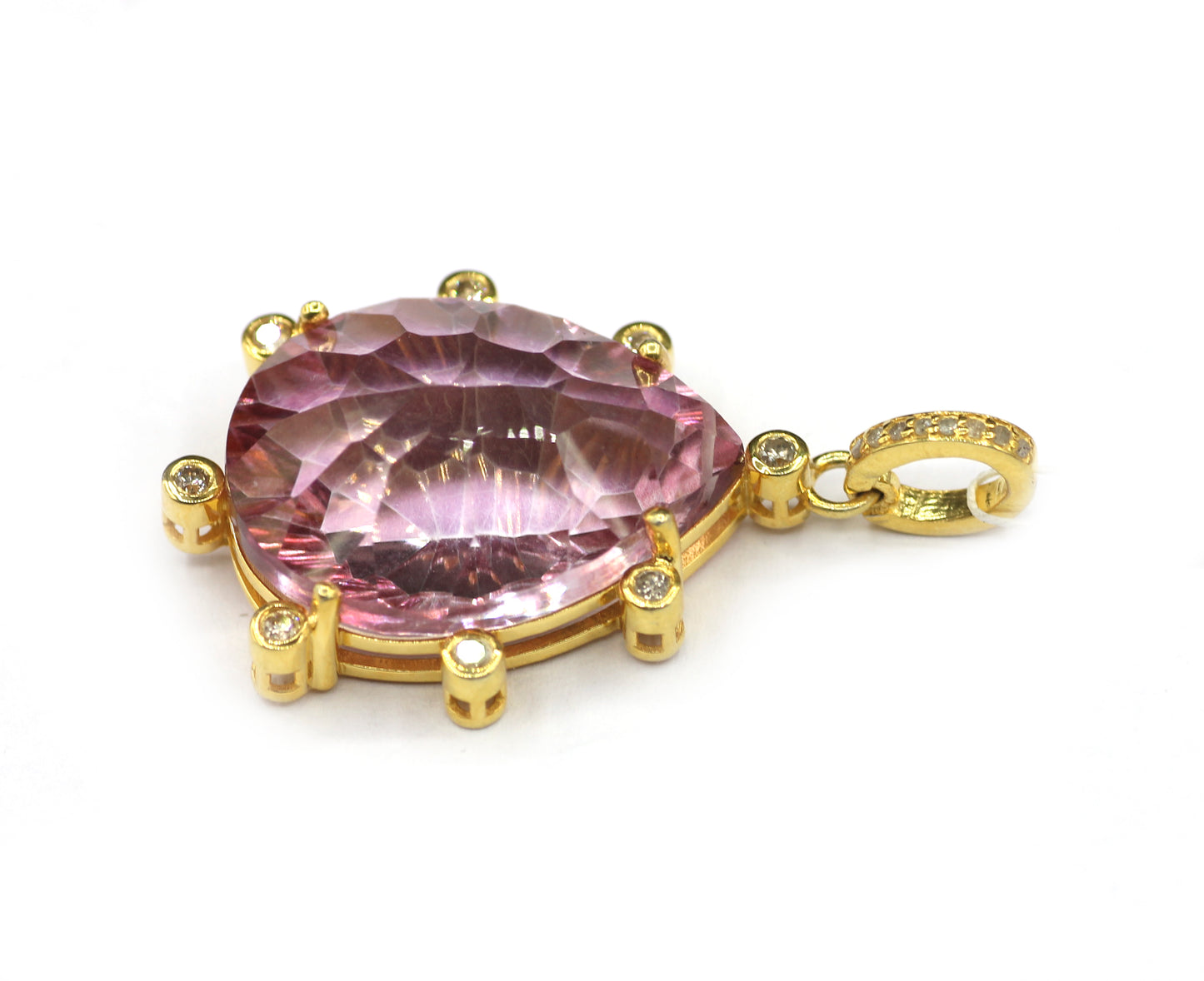 Gold pear-shaped mystic pink topaz pendant with diamond