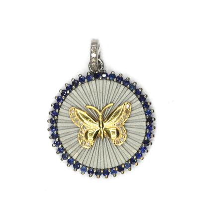 Round Disk On Butterfly pendant in 925 silver with Blue Sapphire And diamonds