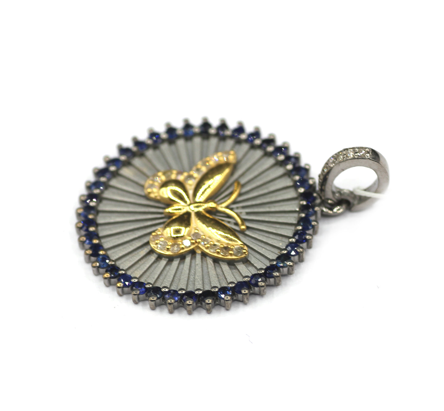 Round Disk On Butterfly pendant in 925 silver with Blue Sapphire And diamonds
