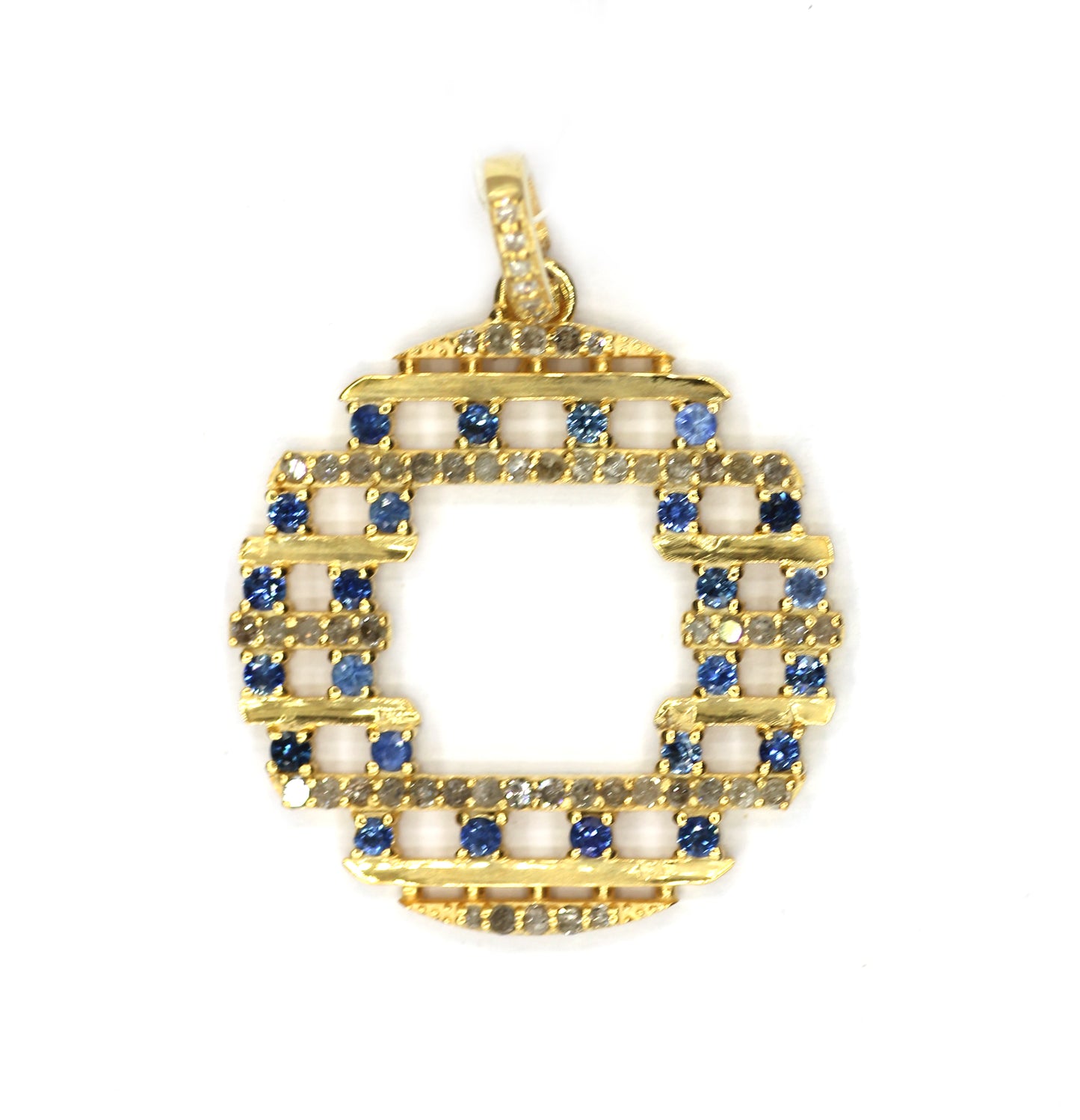 Round shaped sterling silver pendant with Diamond And Blue Sapphire