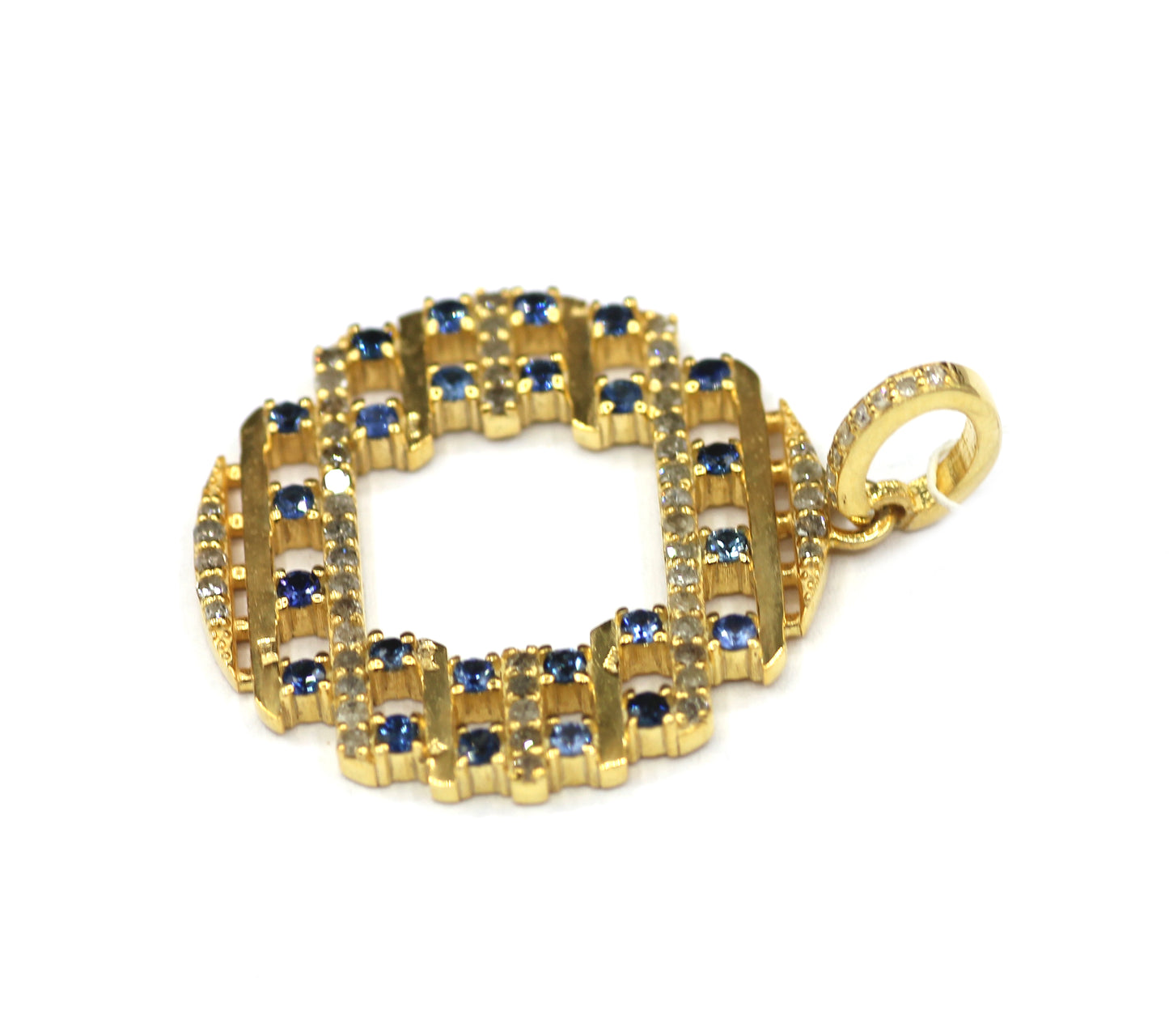 Round shaped sterling silver pendant with Diamond And Blue Sapphire