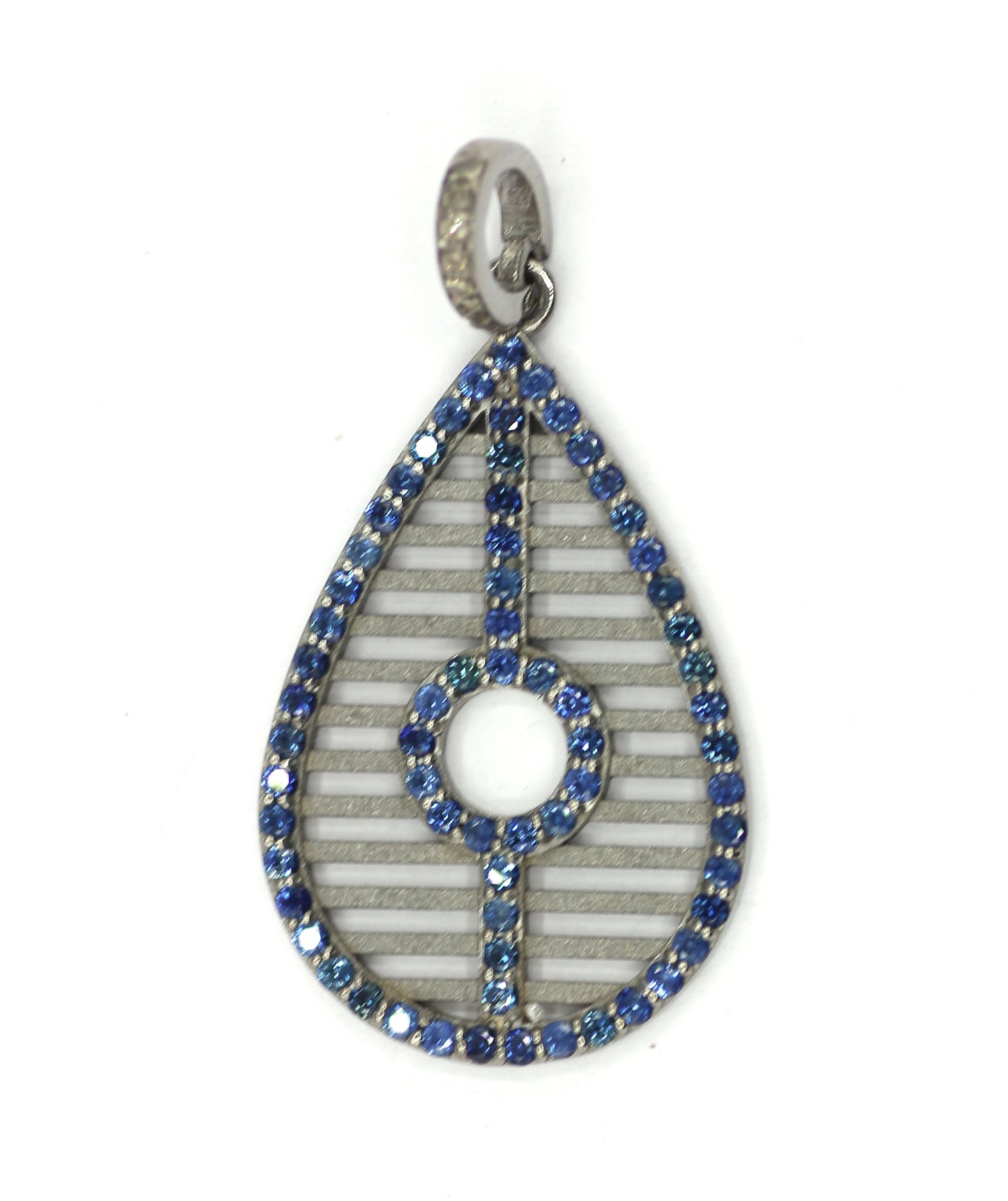 Pear Shape Silver Diamond Pendant With Blue Sapphire Stone