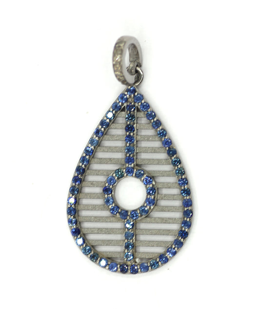 Pear Shape Silver Diamond Pendant With Blue Sapphire Stone
