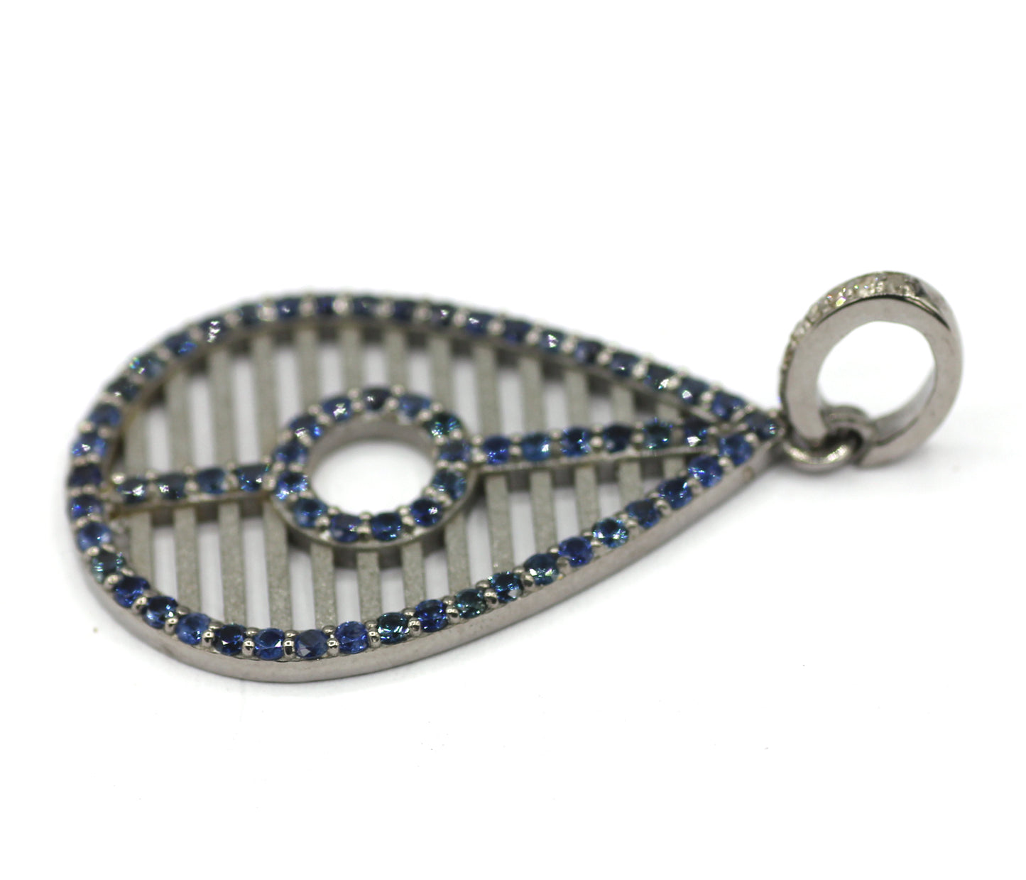 Pear Shape Silver Diamond Pendant With Blue Sapphire Stone