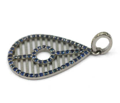 Pear Shape Silver Diamond Pendant With Blue Sapphire Stone