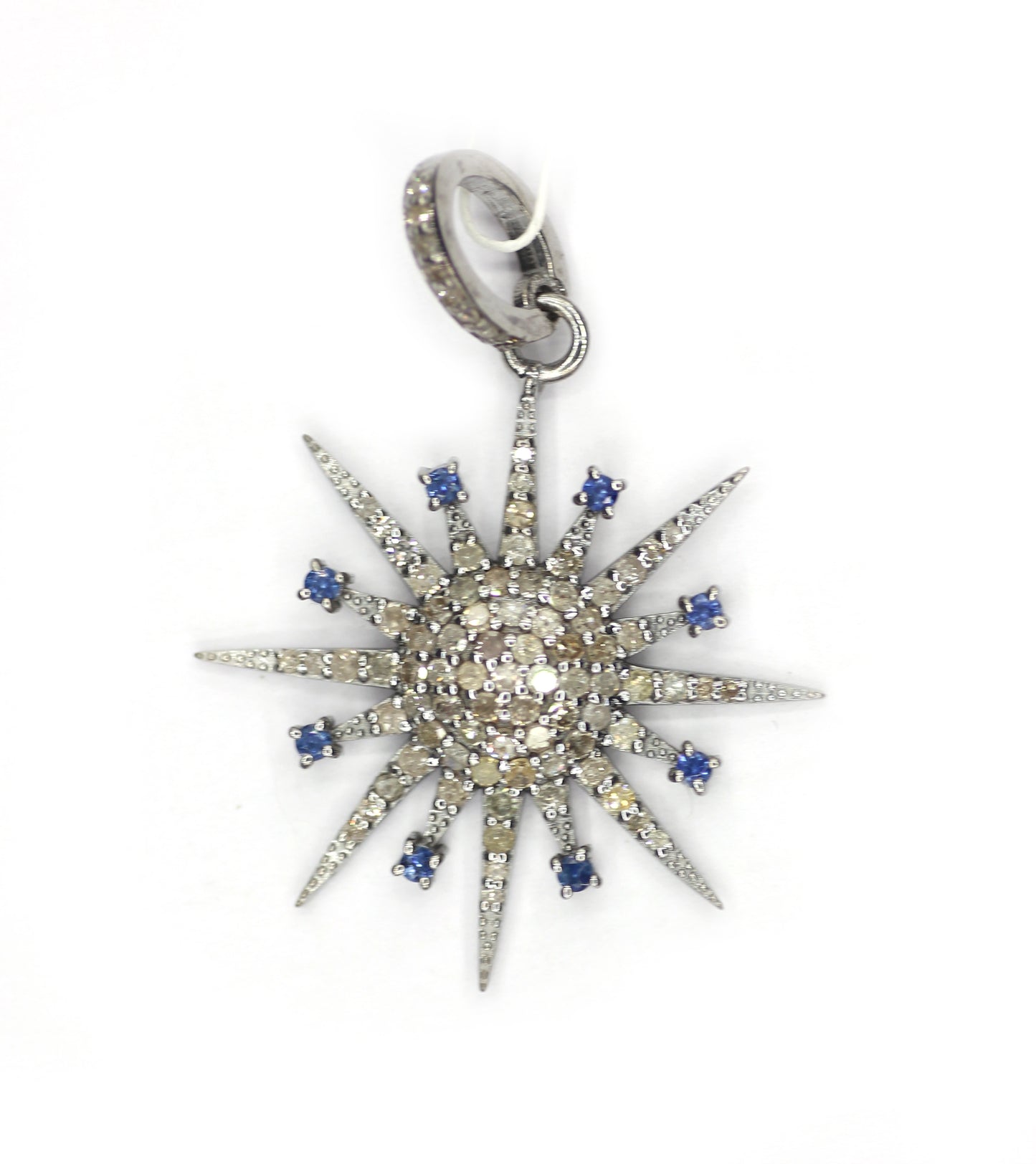 Star shaped sterling silver pendant with Diamond And Blue Sapphire