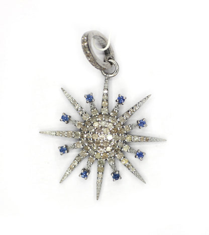 Star shaped sterling silver pendant with Diamond And Blue Sapphire