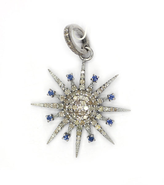 Star shaped sterling silver pendant with Diamond And Blue Sapphire
