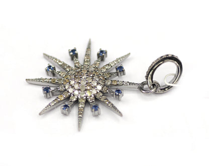 Star shaped sterling silver pendant with Diamond And Blue Sapphire
