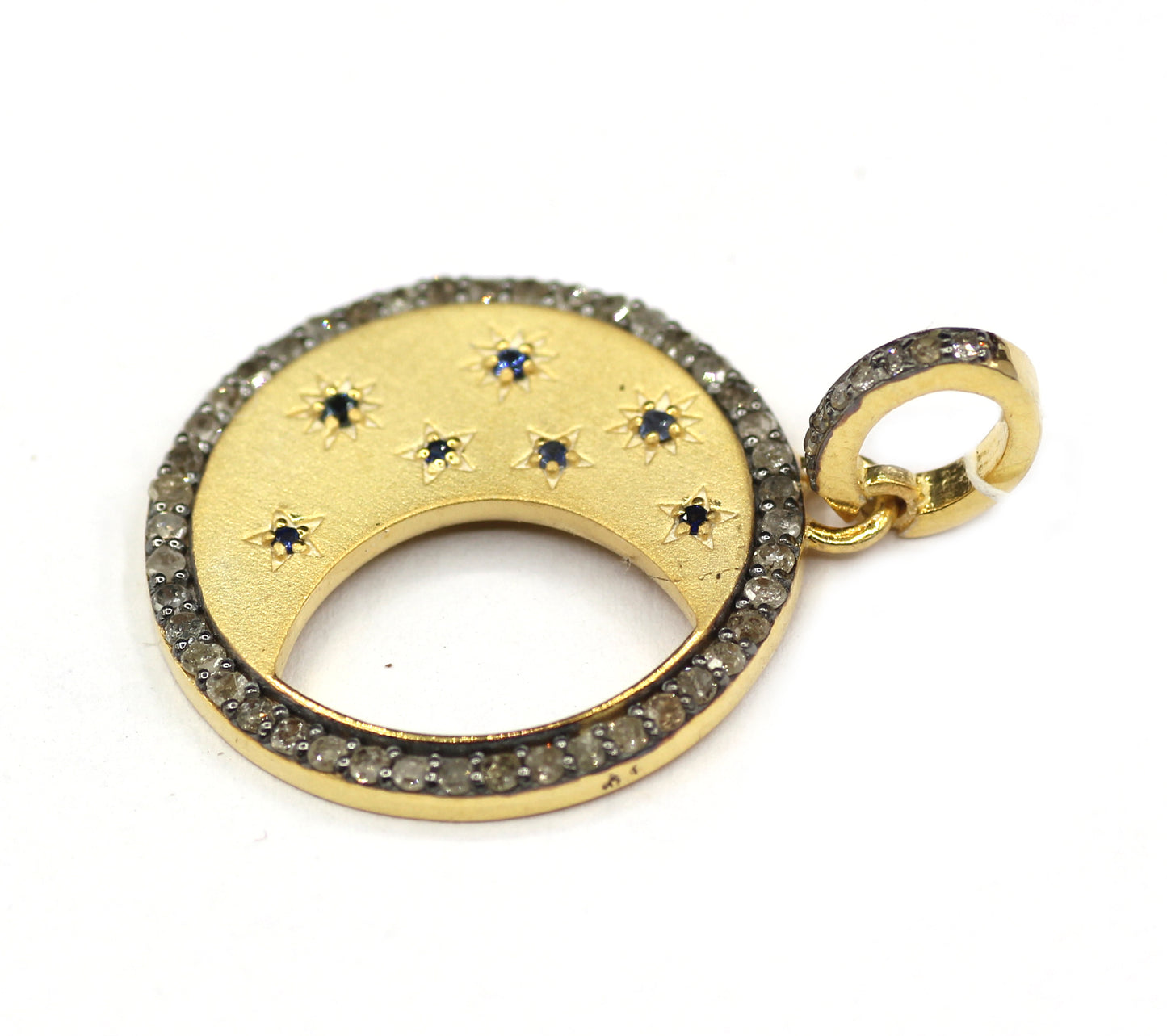 Moon&Star Silver Pave Diamond Pendant With Blue Sapphire