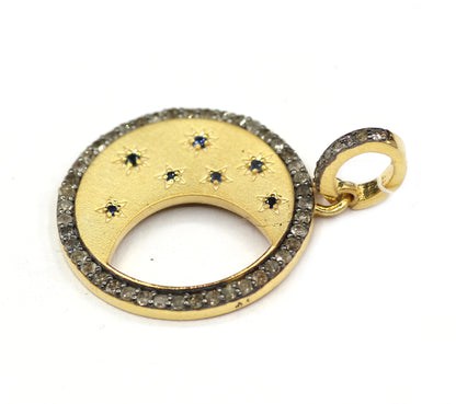 Moon&Star Silver Pave Diamond Pendant With Blue Sapphire