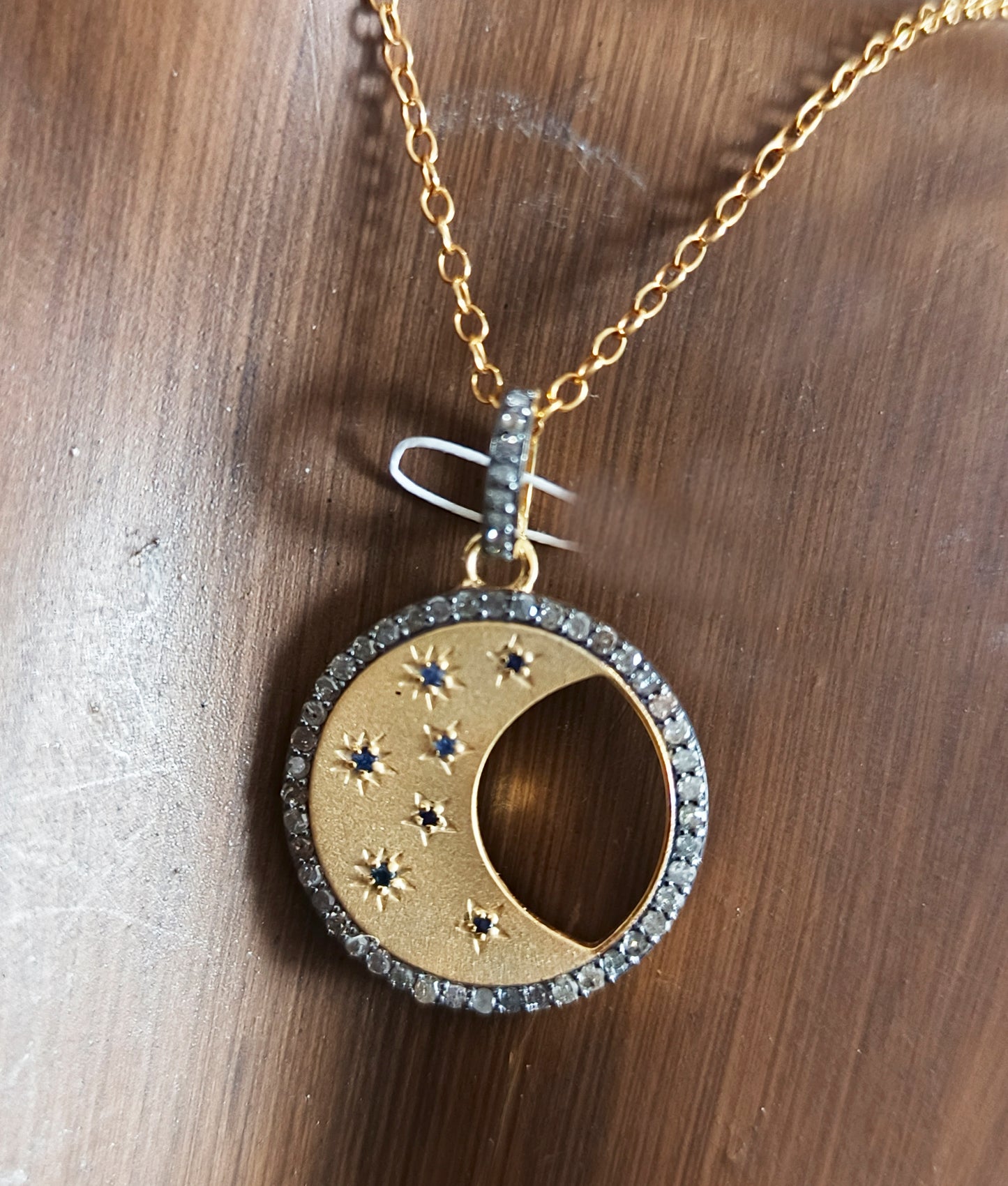 Moon&Star Silver Pave Diamond Pendant With Blue Sapphire