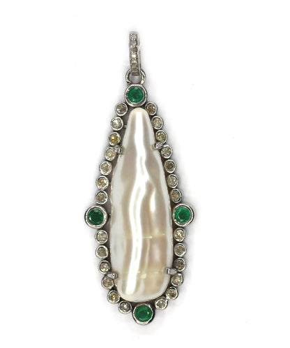 Pearl pendant in 925 silver with diamonds and emeralds, P-2819, 45x20mm