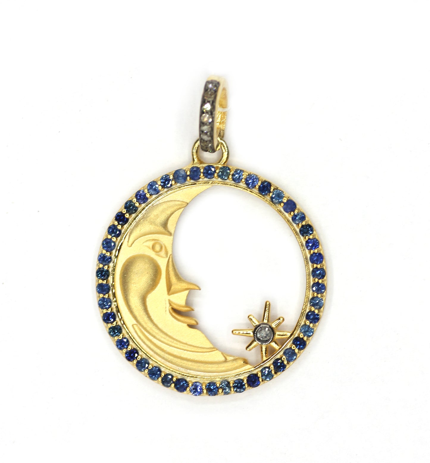 Moon With Blue Sapphire Stone & Silver Pave Diamond Pendant