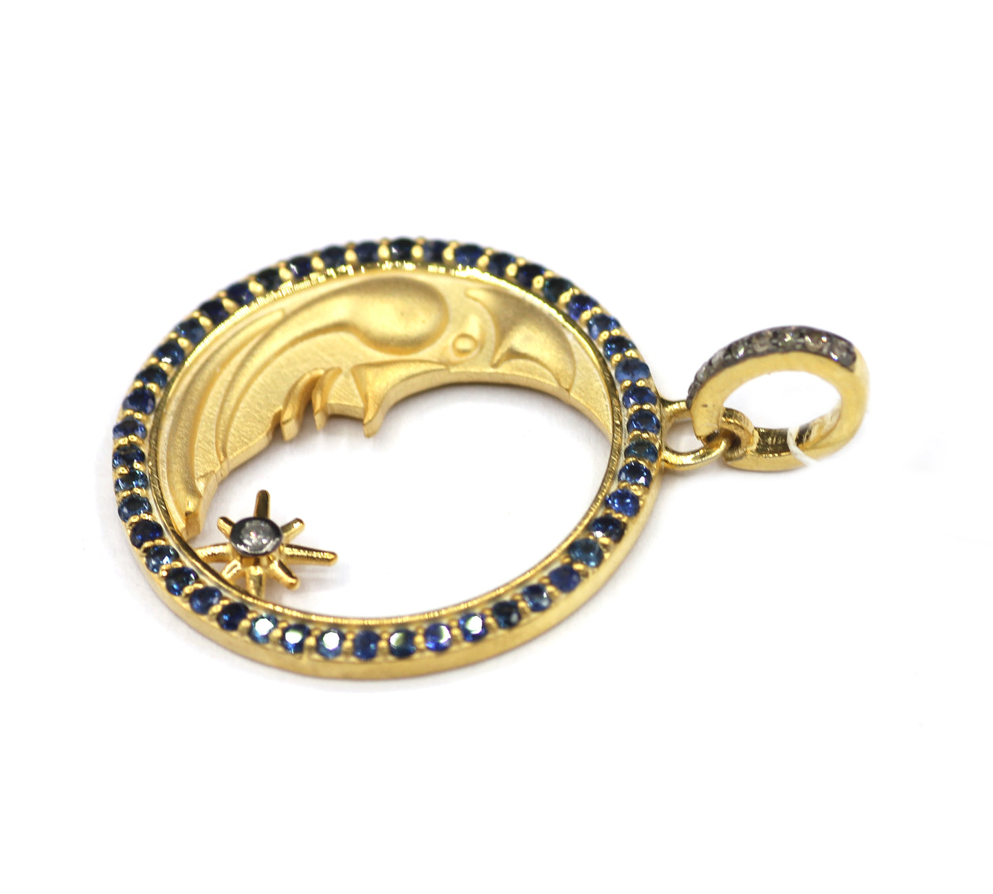 Moon With Blue Sapphire Stone & Silver Pave Diamond Pendant