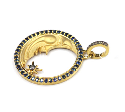 Moon With Blue Sapphire Stone & Silver Pave Diamond Pendant