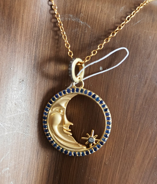 Moon With Blue Sapphire Stone & Silver Pave Diamond Pendant