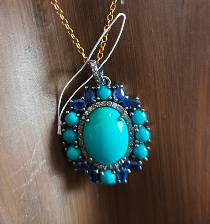 Oval 925 Silver Pave Diamond Pendant With Turquoise Stone
