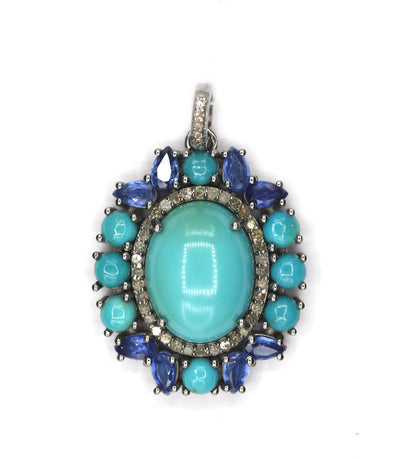 Oval 925 Silver Pave Diamond Pendant With Turquoise Stone